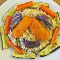 Wholewheat couscous with chickpeas and roasted veg