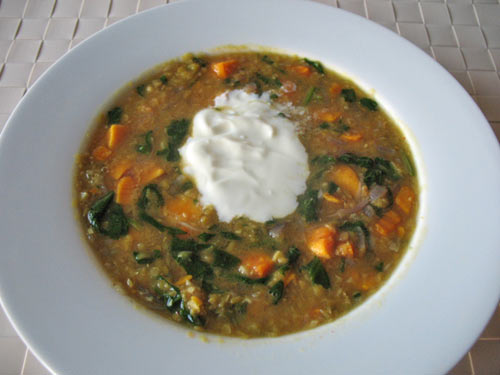 Red lentil soup with sweet potato and spinach