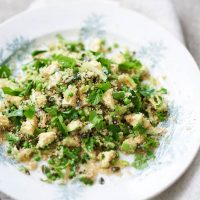 Quinoa with Sauteed Leeks, Peas & Avocado by Lisa Roukin [gluten-free]