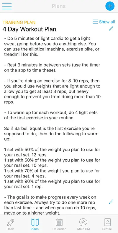 Example workout plan from Caliber Fitness