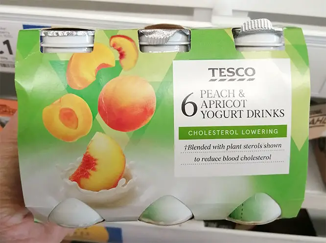 Tesco cholesterol-lowering yogurt drink = Peach & Apricot flavour