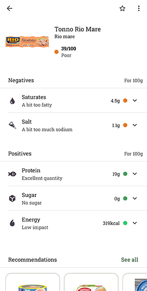 Yuka score for tuna Rio Mare